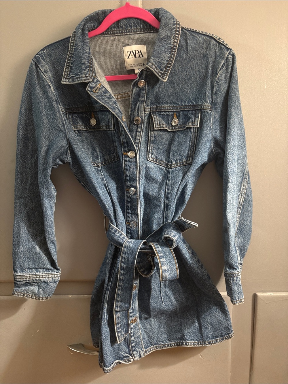ZARA Blue Denim Mini Dress with Waist Tie